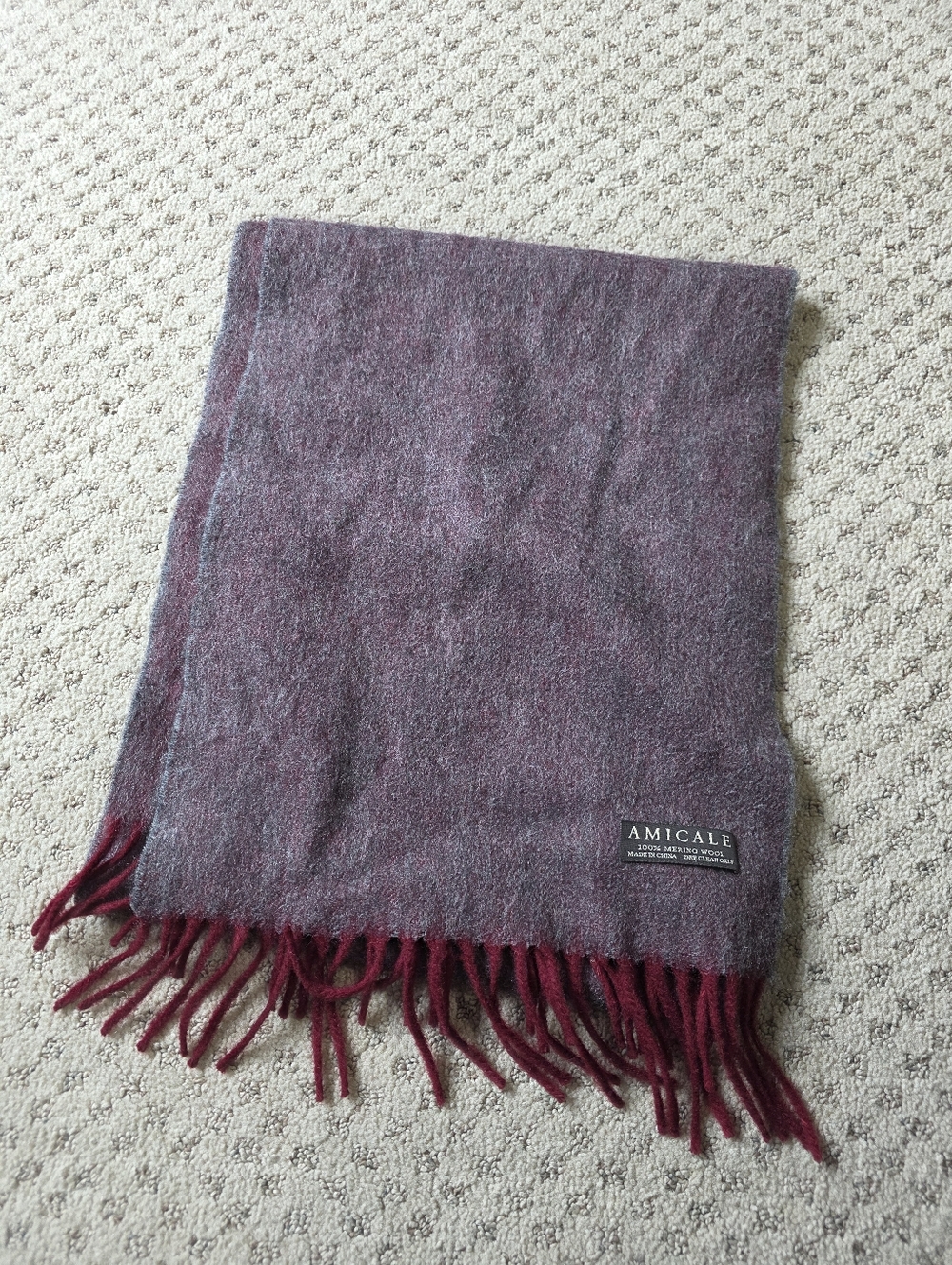Amicale Merino Wool Scarf in Heathered Plum with Burgundy Fringe